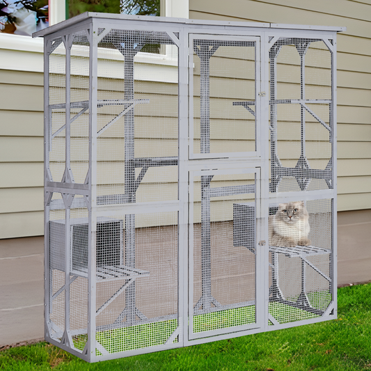 Catio Outdoor Cat Enclosure with Roof 72" Height Cat Wooden House Large Cat Cage with 3 Jumping Platforms and 2 Napping Houses for Cat Activity (Grey)