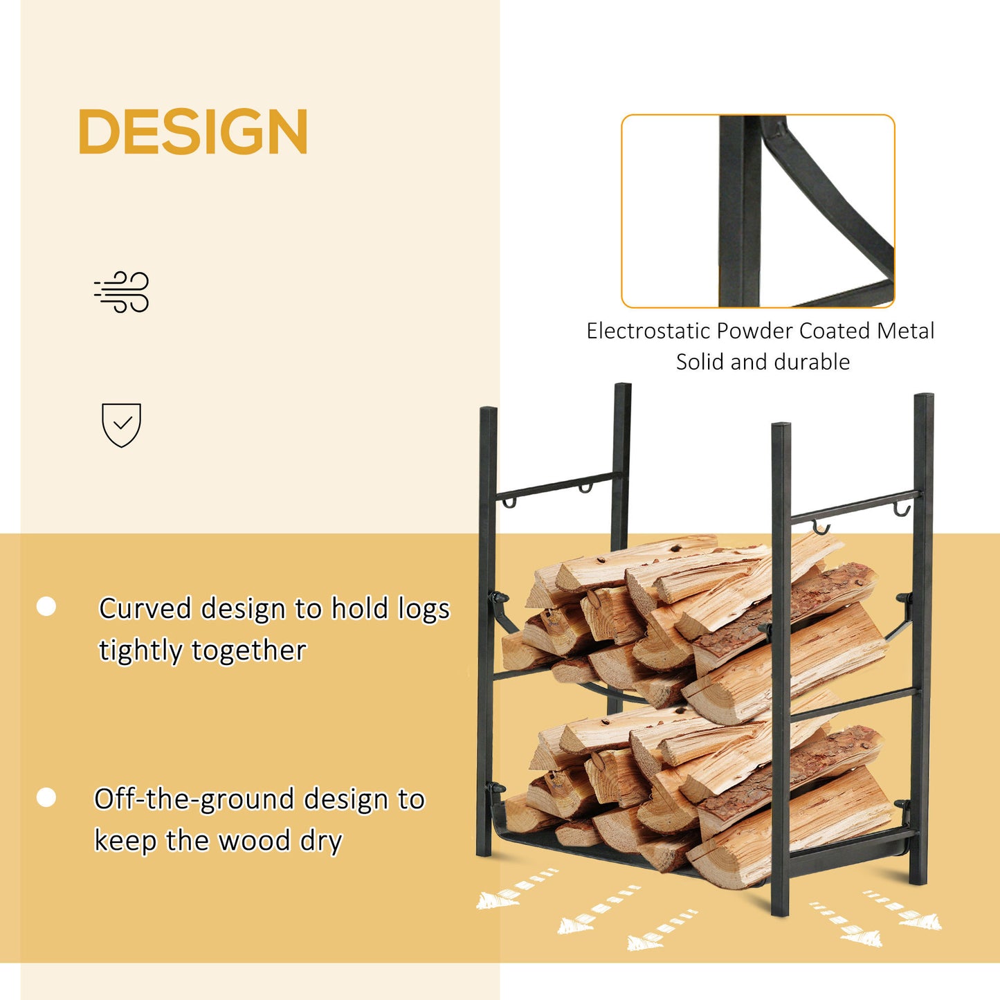 Firewood Rack with Fireplace Tools, Indoor Outdoor Firewood Holder, Flat Bottom with 2 Tiers for Fireplace, Wood Stove, Hearth or Fire Pit, Black