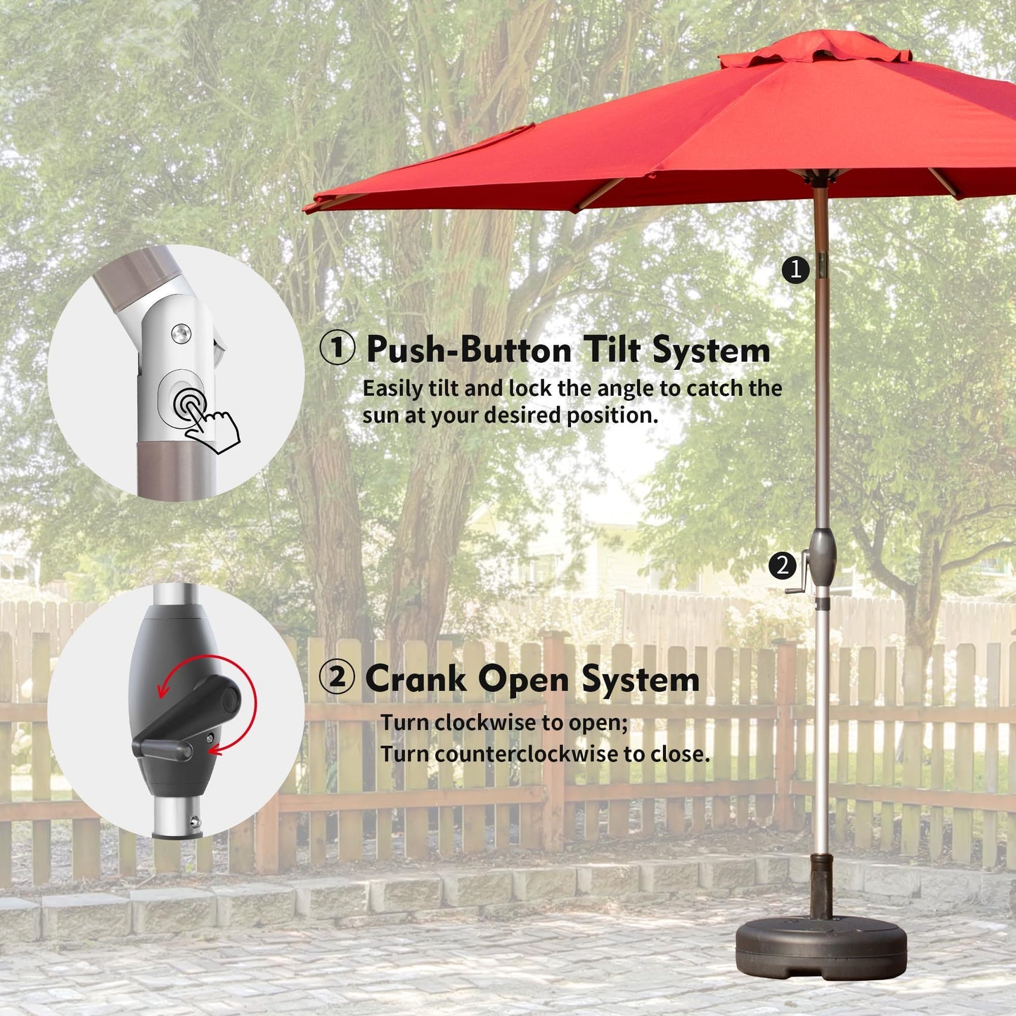 9FT Patio Umbrella, Outdoor Table Umbrella with Push Button Tilt and Crank, UV Protection Waterproof Market Sun Umbrella with 8 Sturdy Ribs for Garden, Deck, Backyard, Pool (Brick red)