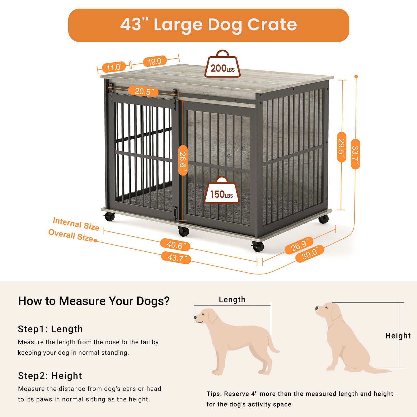 Furniture dog crate sliding iron door dog crate with mat. (Grey,43.7''W x 30''D x 33.7''H)