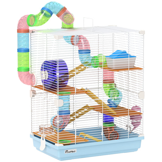 PawHut 18" 5 Tier Hamster Cage with Tubes and Tunnels, Small Animal Cage with Portable Carry Handle, Gerbil Cage with Water Bottle, Food Dish, Exercise Wheel, Light Blue