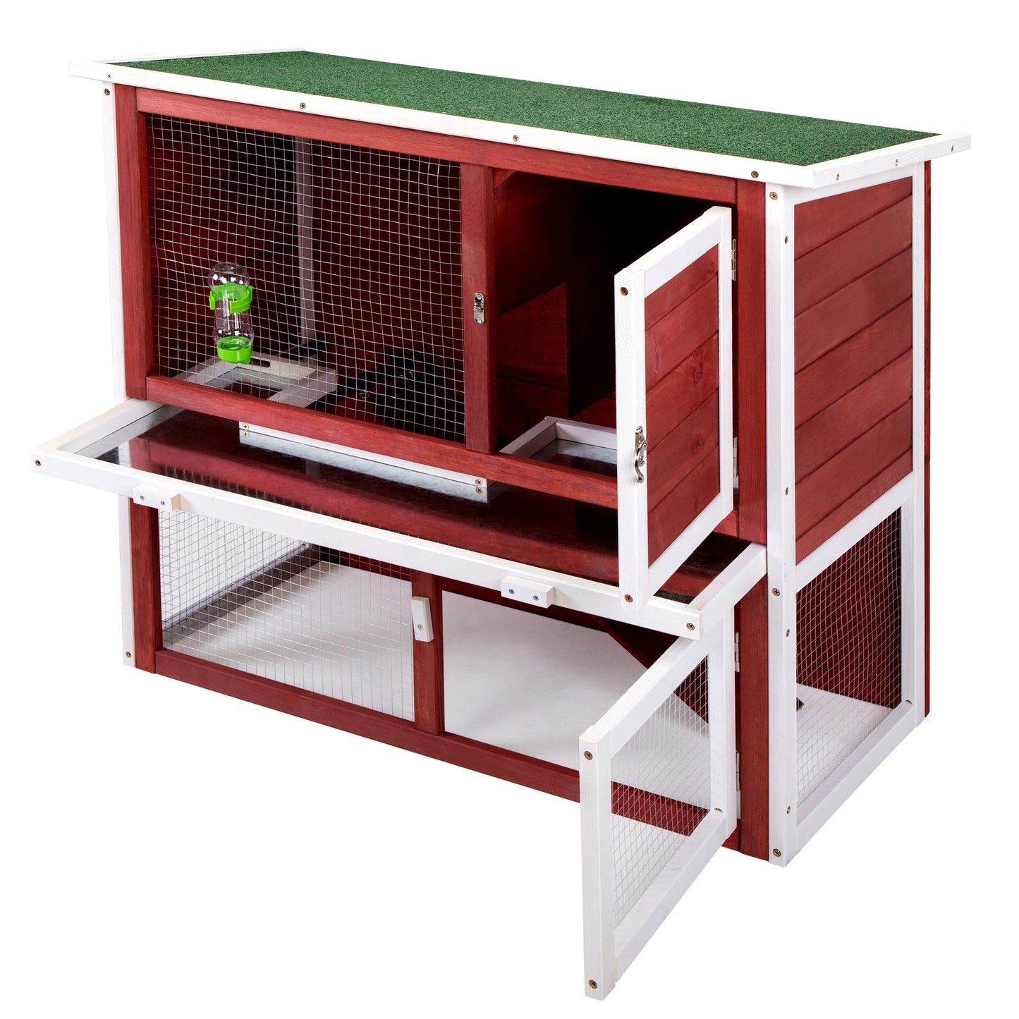 Wood Rabbit Hutch, Pet Playpen with 2 Stories, Ramp, Doors, Pull-out Tray, Water Bottle, Outdoor Enclosure for Small Animals Bunnies, Red and White