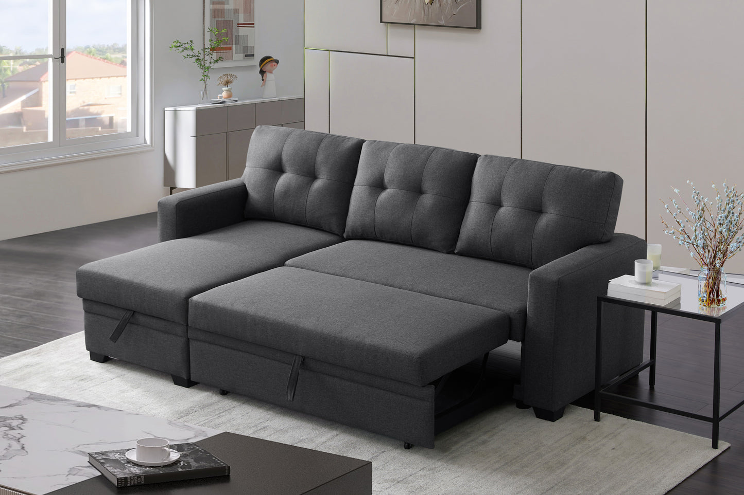 [SantaChoice] Upholstered Pull out Sectional Sofa with Chaise