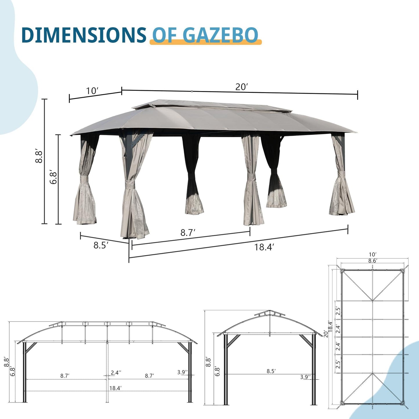 Gazebo 10x20FT, Outdoor Gazebo with Double Roofs, Privacy Curtains, Mosquito Nettings, Heavy Duty Metal Frame Party Tent Canopy for Patio, Backyard, Deck, Lawn, Grey