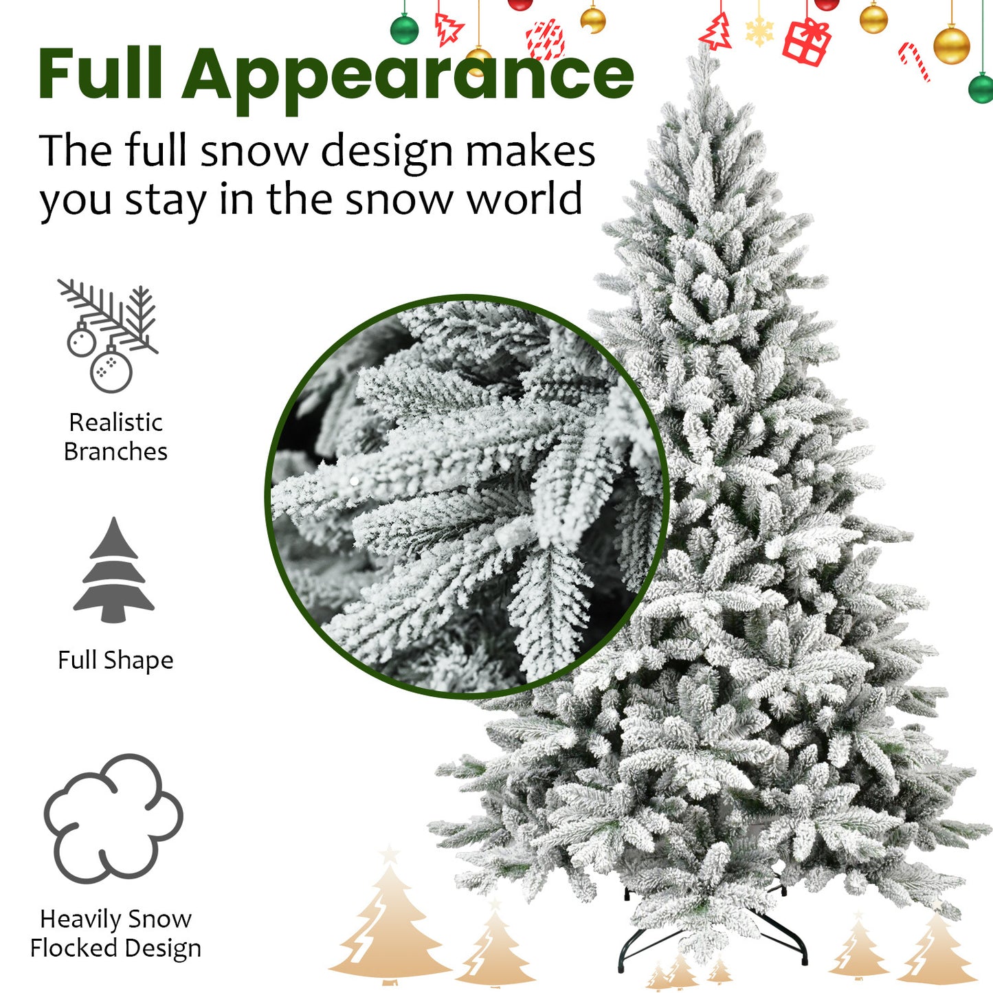 7FT PE & PVC Flocked Artificial Christmas Tree, With 1514 branch tips and metal stand, Foldable Fake Tree with Realistic Snowy Foliage for Home Decoration