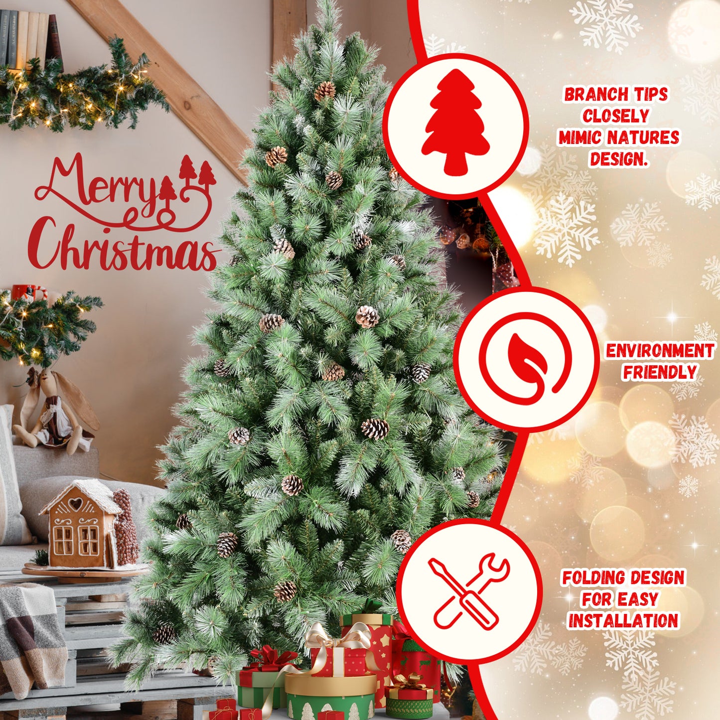 8FT Scotch Pine Christmas Tree, Premium Frosted Pre-Decorated Artificial Holiday Decor w/ 1,858 Branch Tips, Xmas Trees for Holiday Party Decoration