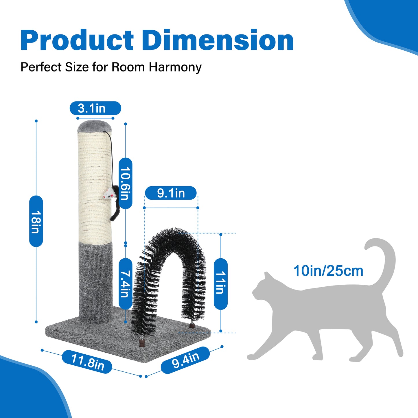 18 Inch Cat Scratching Post Pad with Cat Self Groomer,Cat Scratcher with Cat Brush,Kitten Scratch Post with Activity Dangling Ball,Indoor Cat Scratch Board for Kittens Kitty Cats,Protect Furniture