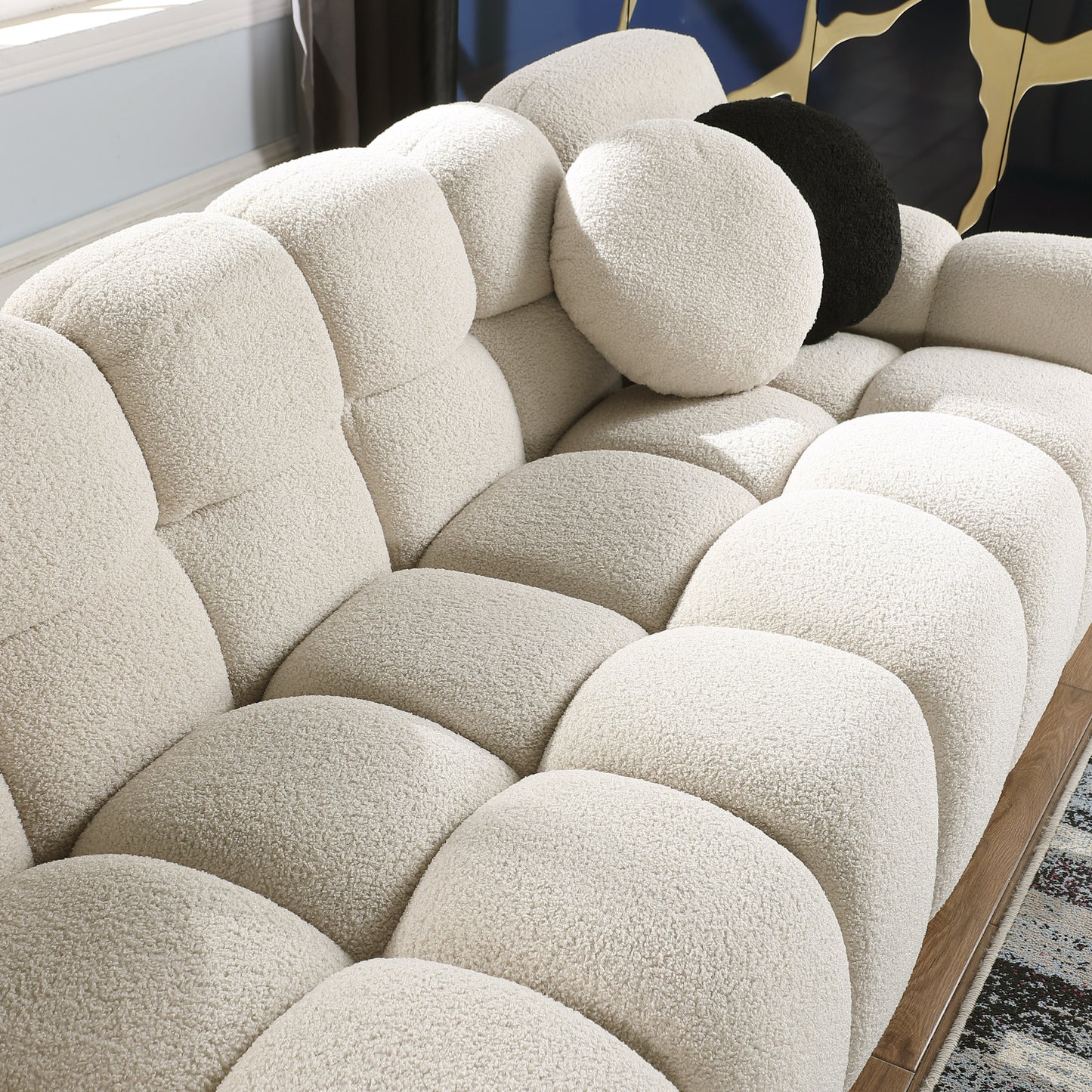 [SantaChoice] 64.96 length ,35.83" deepth ,human body structure for USA people,  marshmallow sofa,boucle sofa ,2  seater, BEIGE  BOUCLE