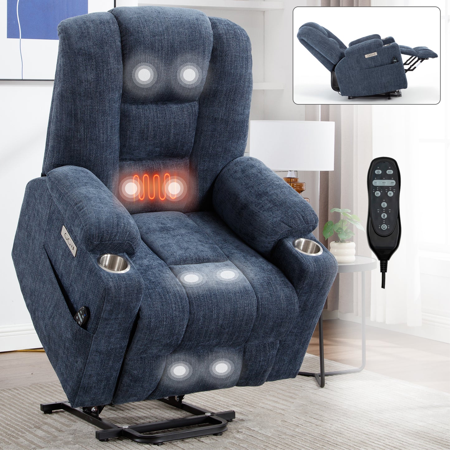 Power Lift Recliner Chair with Massage and Heat for Elderly, Overstuffed Wide Recliners, Heavy Duty Motion Mechanism with USB and Type C Ports, 2 Steel Cup Holders, Blue