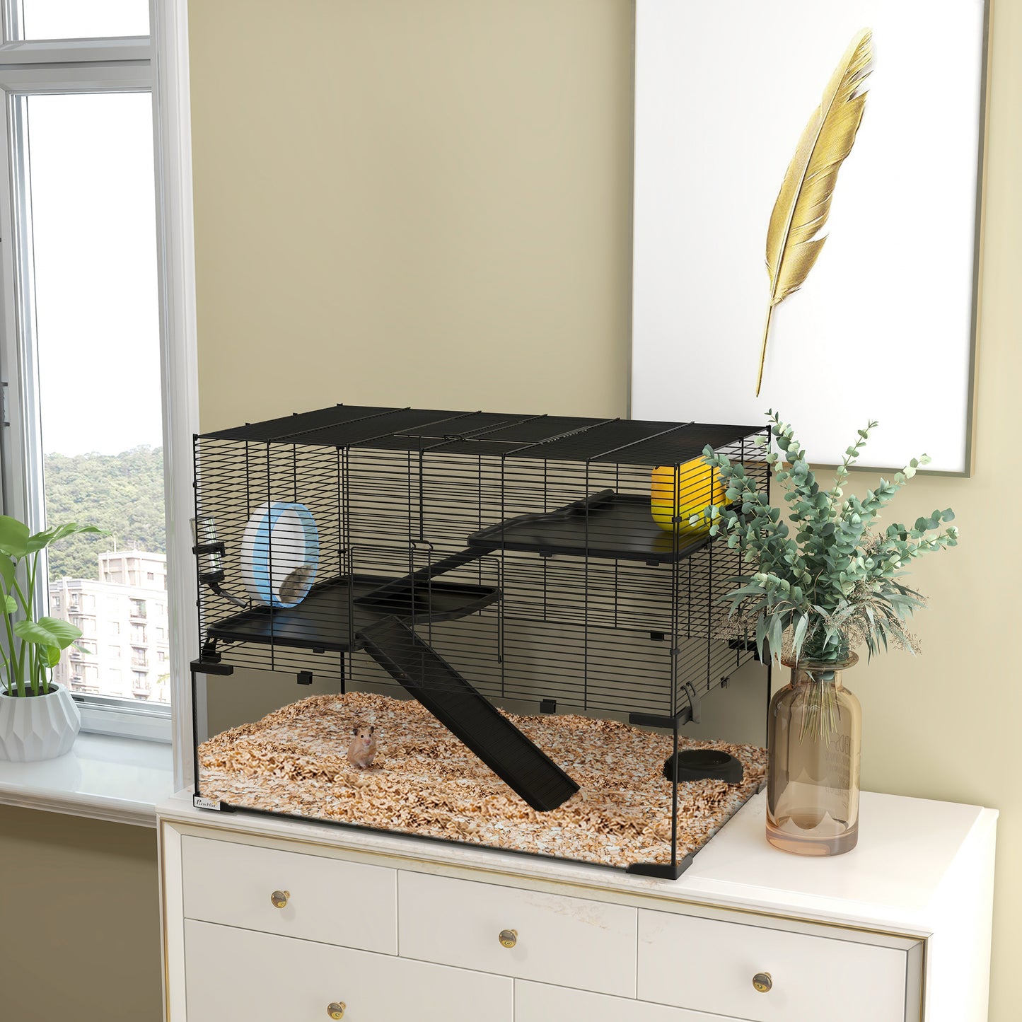 PawHut Hamster Cage, 31" Gerbil Cage with Glass Basin, Ramps, Platforms, Hut, Exercise Wheel, for Small Hamsters, Black