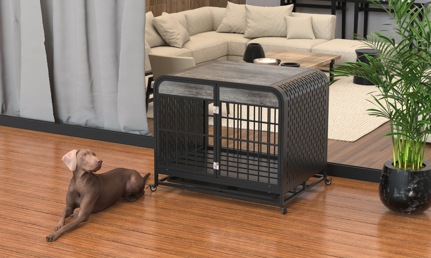 Heavy Duty Dog Crate Furniture Wooden Table Pet Dog Cage Kennel House Indoor Side End Table Decor with Removable Trays and Lockable Wheels for Small Dogs 33" Grey