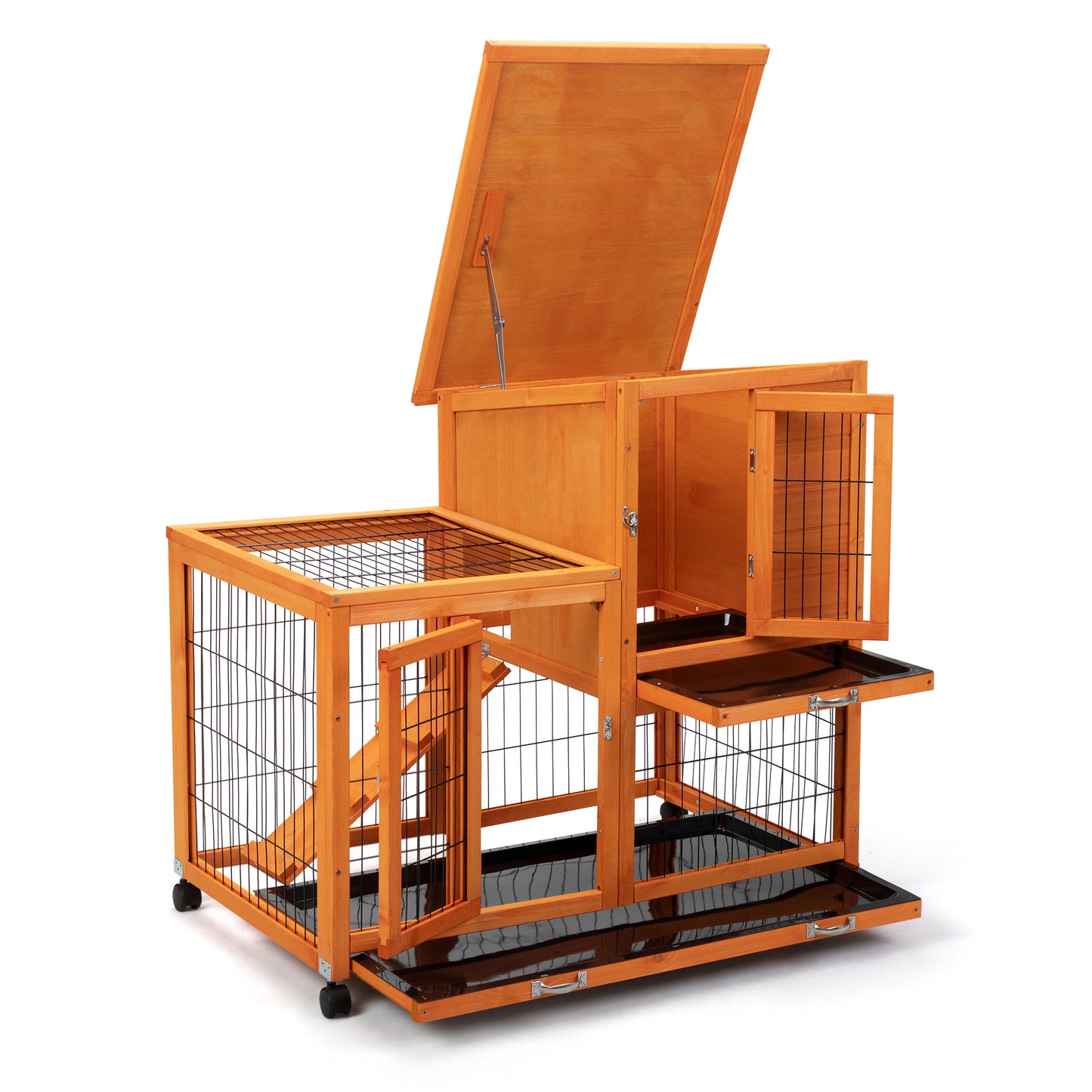 Detachable Rabbit Hutch with Removable Tray and Rolling Casters, Orange