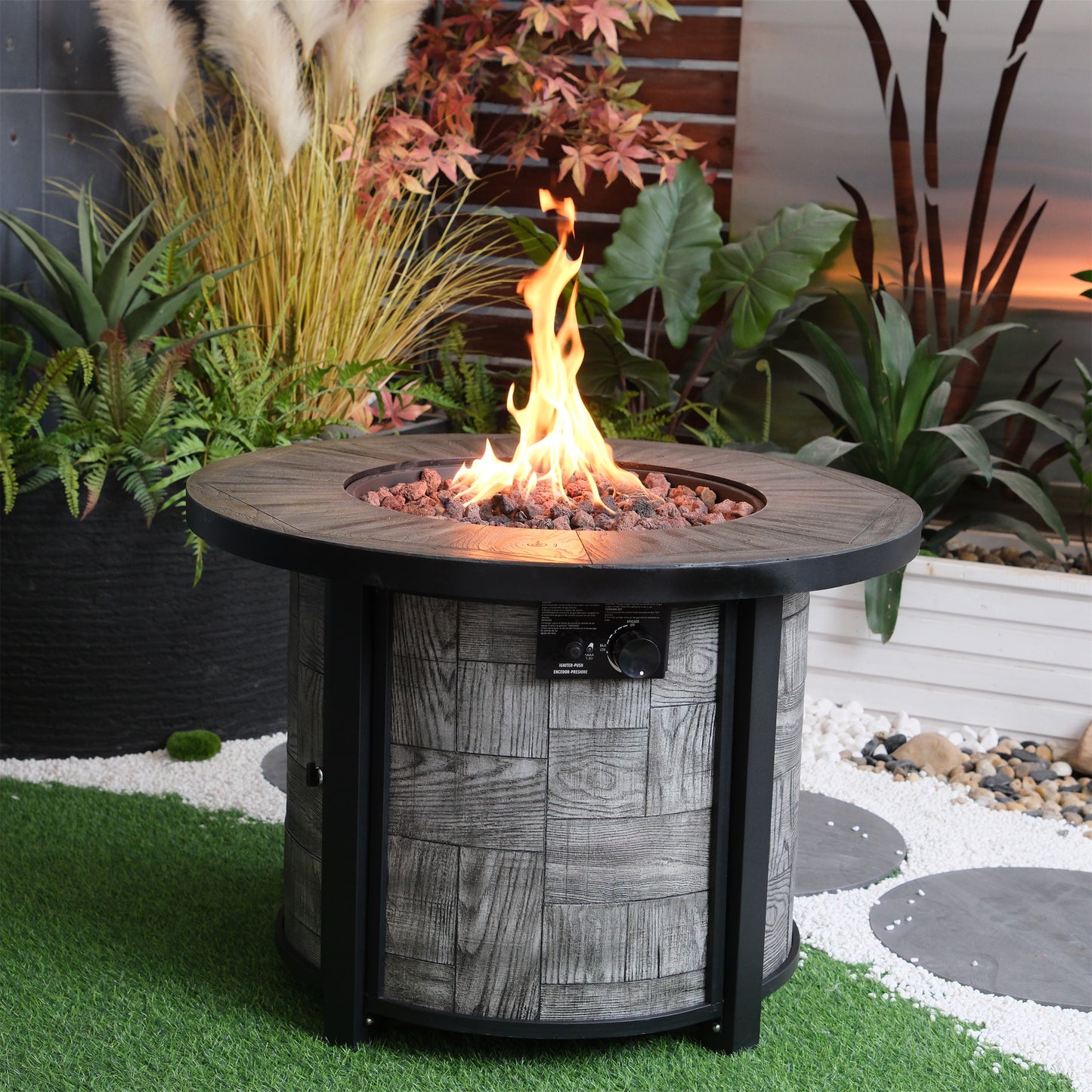 Outdoor Propane Fire Pit, Square Stonecrest Gas Fire Pit for Outside Patio, Concrete Propane Fire Table 50,000 BTU Gas Fire Pit w Lava Rocks, Waterproof Cover