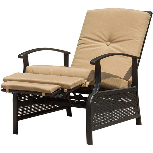 Patio Recliner Chair with Cushions,Outdoor Adjustable Lounge Chair,Reclining Patio Chairs with Strong Extendable Metal Frame for Reading,Garden,Lawn (Khaki, 1 Chair)