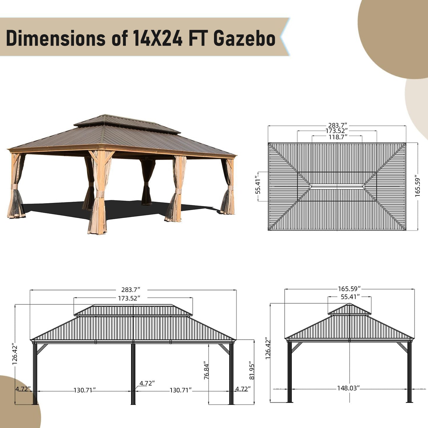 14x24FT Hardtop Gazebo, Outdoor Gazebo with Galvanized Steel Double Roof, Aluminum Frame, Built-in Gutter System, Curtain and Netting, Metal Gazebo Pavilion for Patio Deck Garden, Wood-Looking