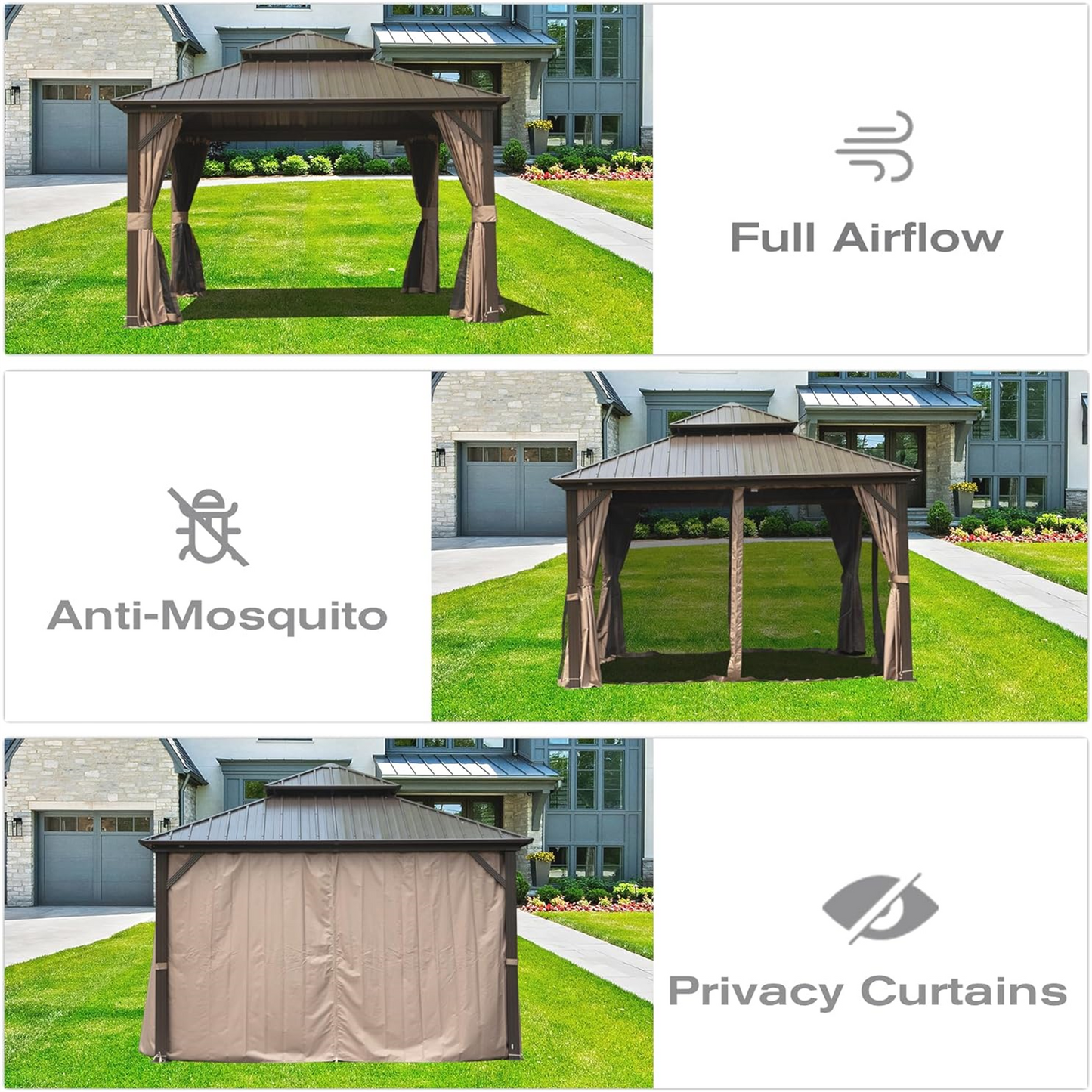 10' X 10' Hardtop Gazebo, Aluminum Metal Gazebo with Galvanized Steel Double Roof Canopy, Curtain and Netting, Permanent Gazebo Pavilion for Party, Wedding, Outdoor Dining, Brown