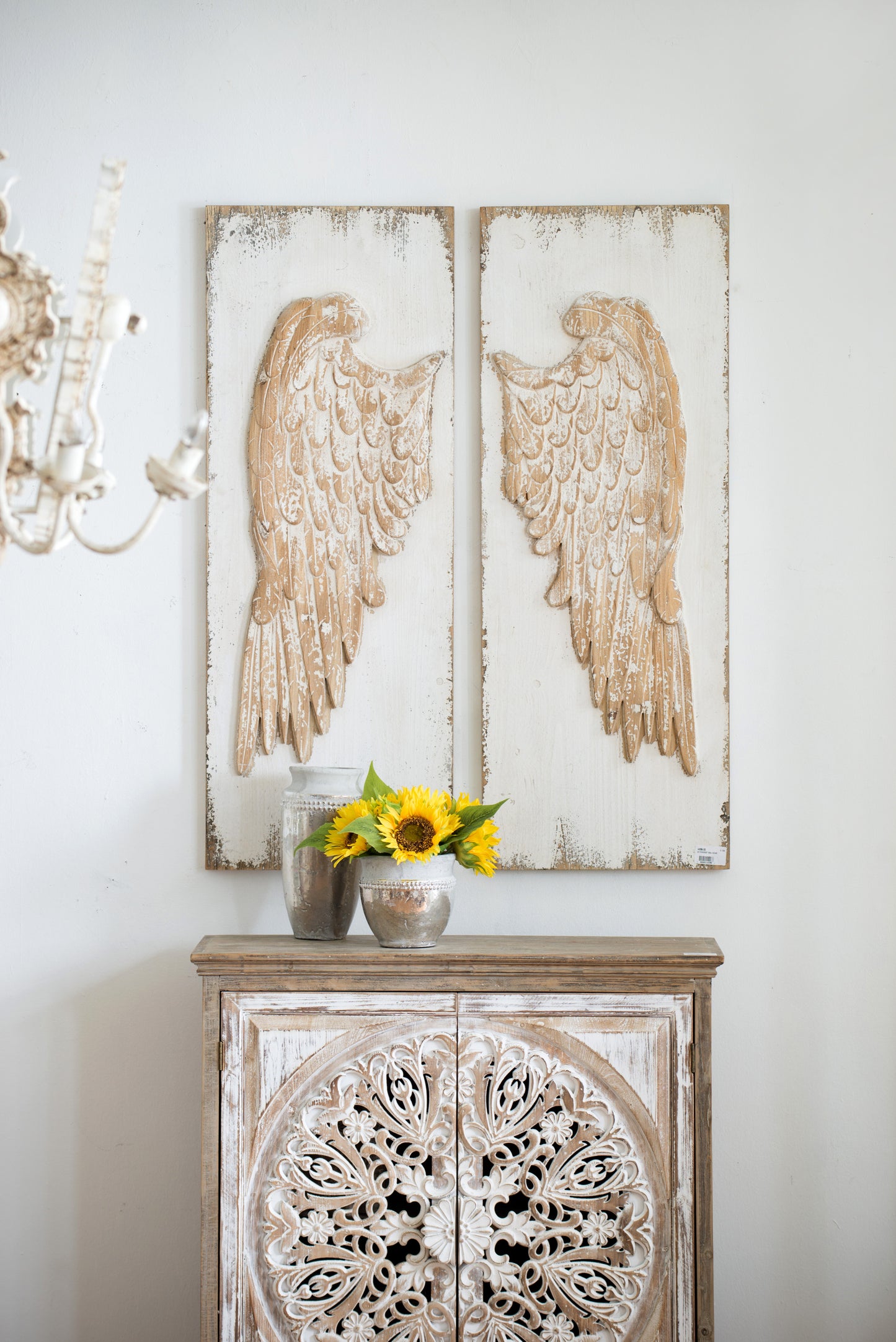 Set of 2 Feather Wing Wall Panels with Distressed White Finish, Rectangle Hanging Wall Art, 42" x 15.5"