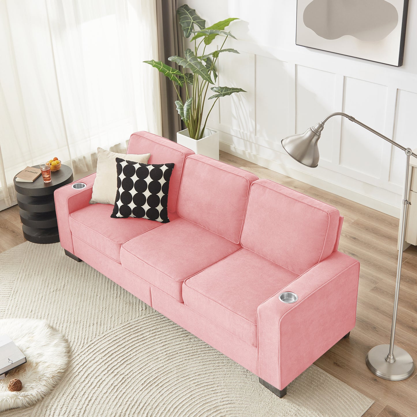 83.86" Snowfleece Fabric sofa,Modern Compressed Couch,3-Seater Sofa, Furniture for Living Room,Bedroom,office ,Pink