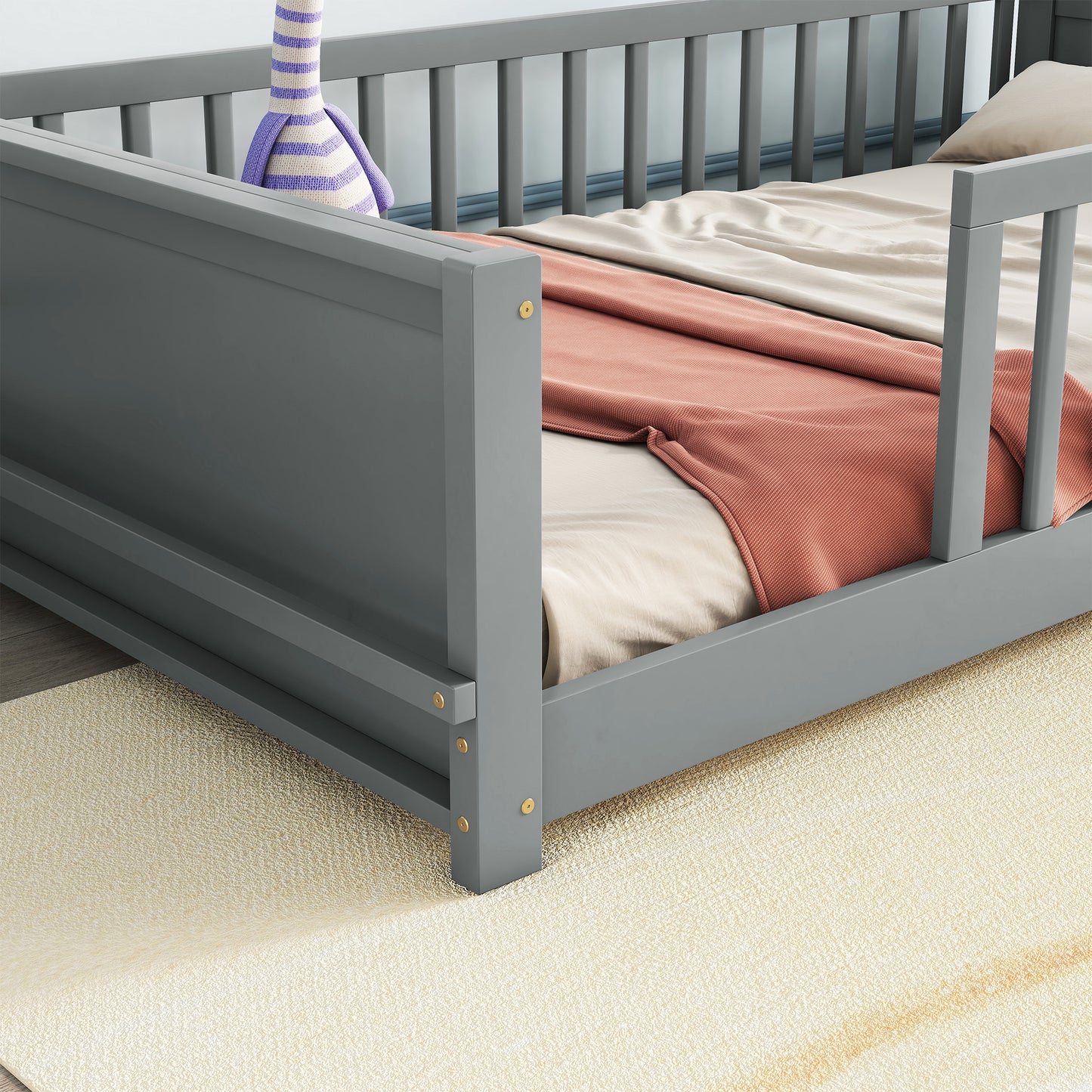 Twin size Floor Platform Bed with Built-in Book Storage Rack,Grey