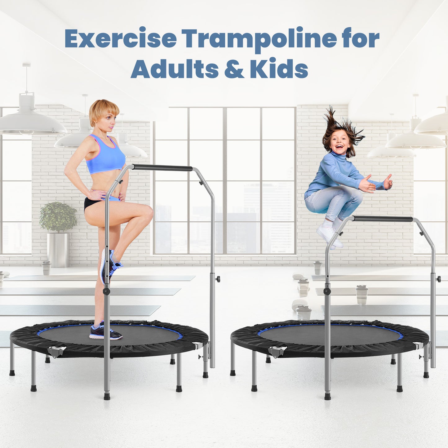 40" Foldable Mini Trampoline for Adults, Trampoline for Adults with Adjustable Bar