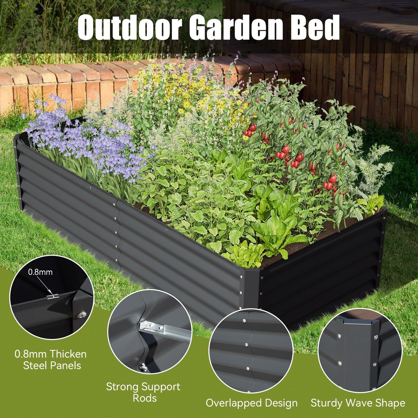 8x4x1.5 ft Galvanized Raised Garden Bed, Outdoor Planter Garden Boxes Large Metal Planter Box for Gardening Vegetables Fruits Flowers,Gray