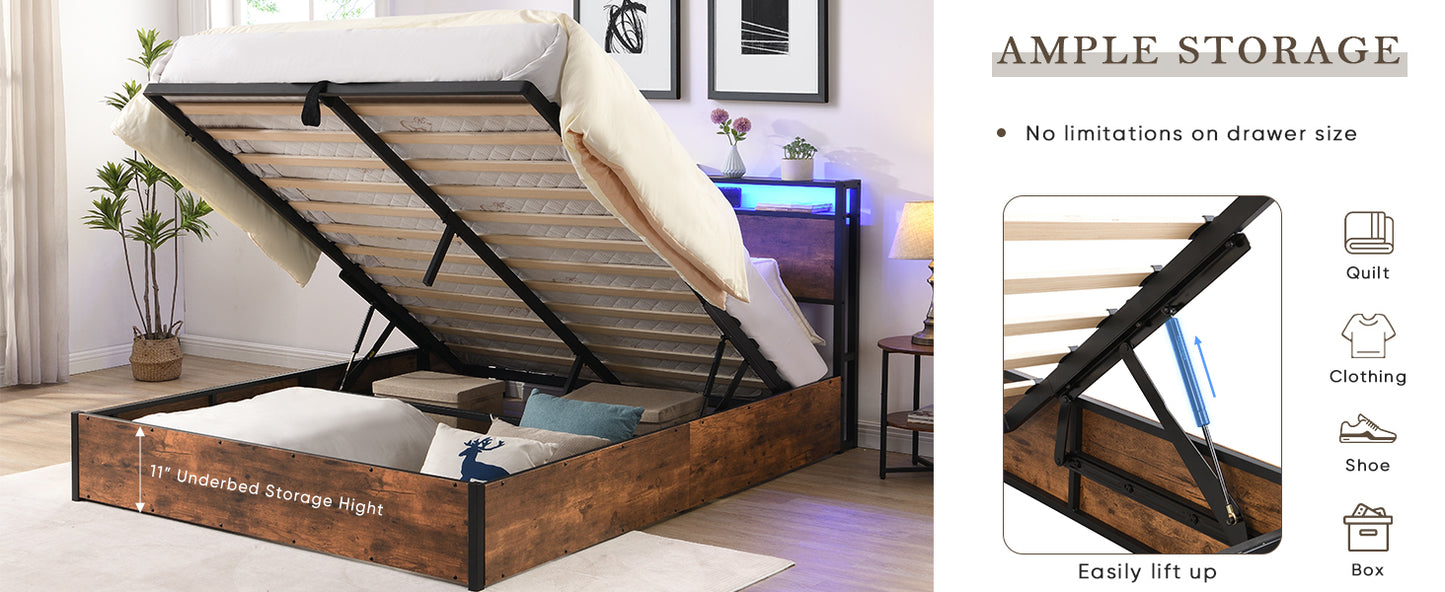 Lift-up Storage Bed Frame, Queen Size Bed Frame with Bookcase Headboard & LED Lights, Wooden Platform Bed Frame with Charging Station, No Spring Box Needed, Rustic Brown