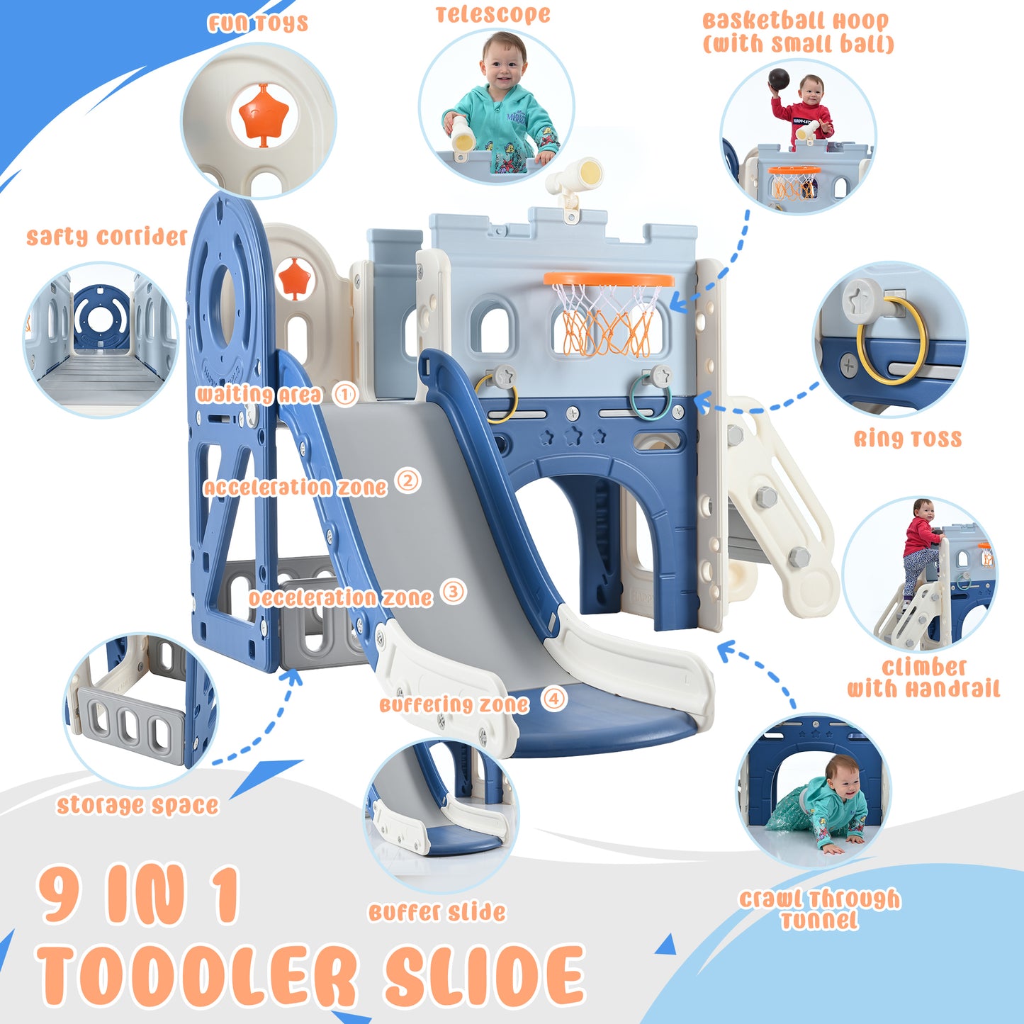 9-1 Toddler Slide Set,Kids Slide for Toddlers Ages 1+, Basketball Hoop, Tunnel and Storage Space, Pirate Ship Themed Slide Indoor& Outdoor