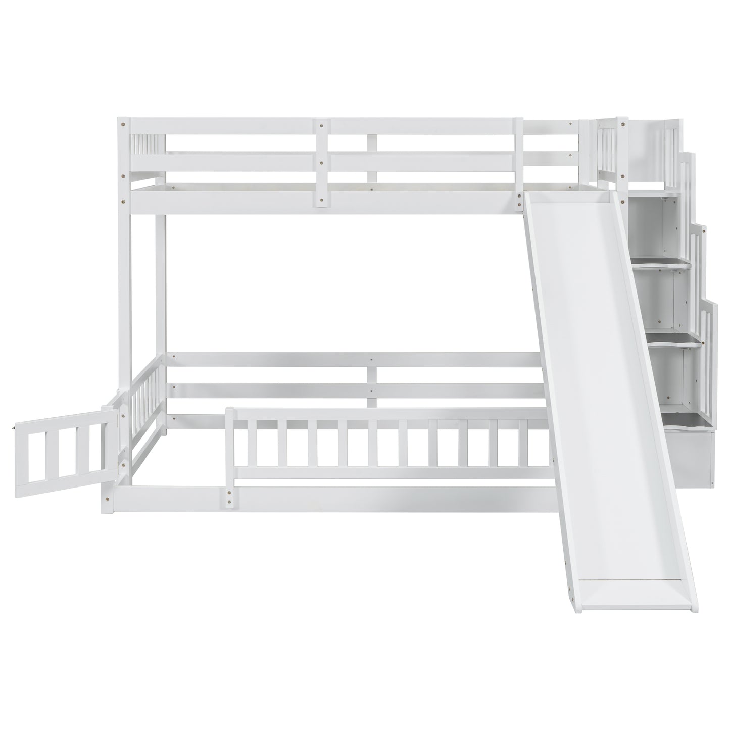 Twin Over Full Bunk Bed with Slide, Storage Staircase, Pine Solid Wooden Bunk Bed with Safety Guardrails,White