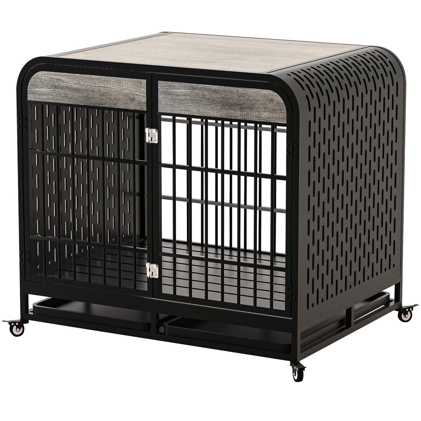 Heavy Duty Dog Crate Furniture Wooden Table Pet Dog Cage Kennel House Indoor Side End Table Decor with Removable Trays and Lockable Wheels for Medium and Large Dogs 42" Grey