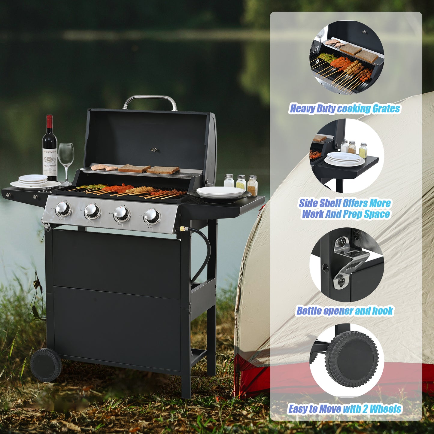 Propane Gas Grill 4 Burner Barbecue Grill, Stainless Steel 34,000 BTU Patio Garden Barbecue Grill with Two Shelves, Lid, Wheels and Bottle Opener