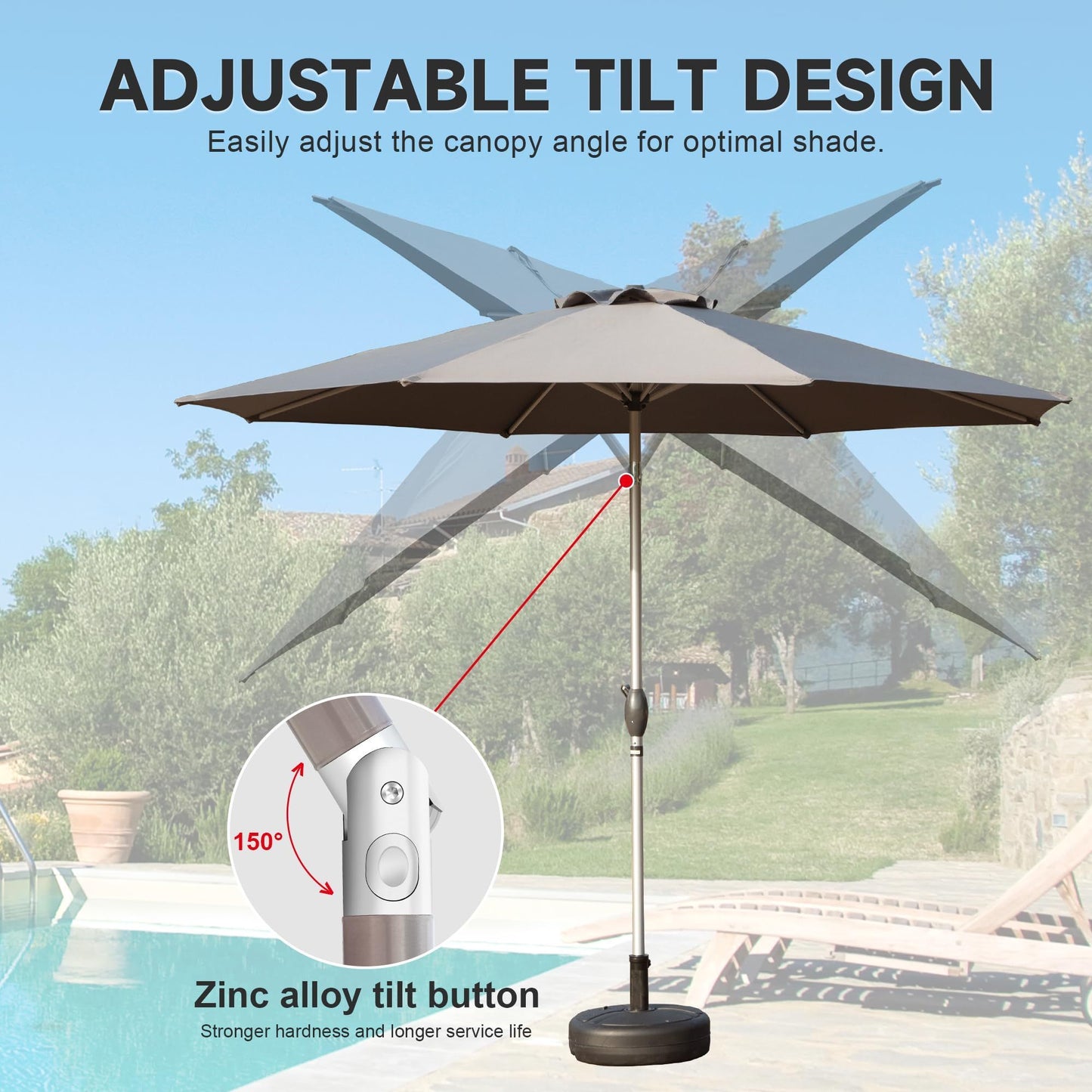 [SantaChoice] 9FT Patio Umbrella, Outdoor Table Umbrella with Push Button Tilt and Crank, UV Protection Waterproof Market Sun Umbrella with 8 Sturdy Ribs for Garden, Deck, Backyard, Pool (Gray)