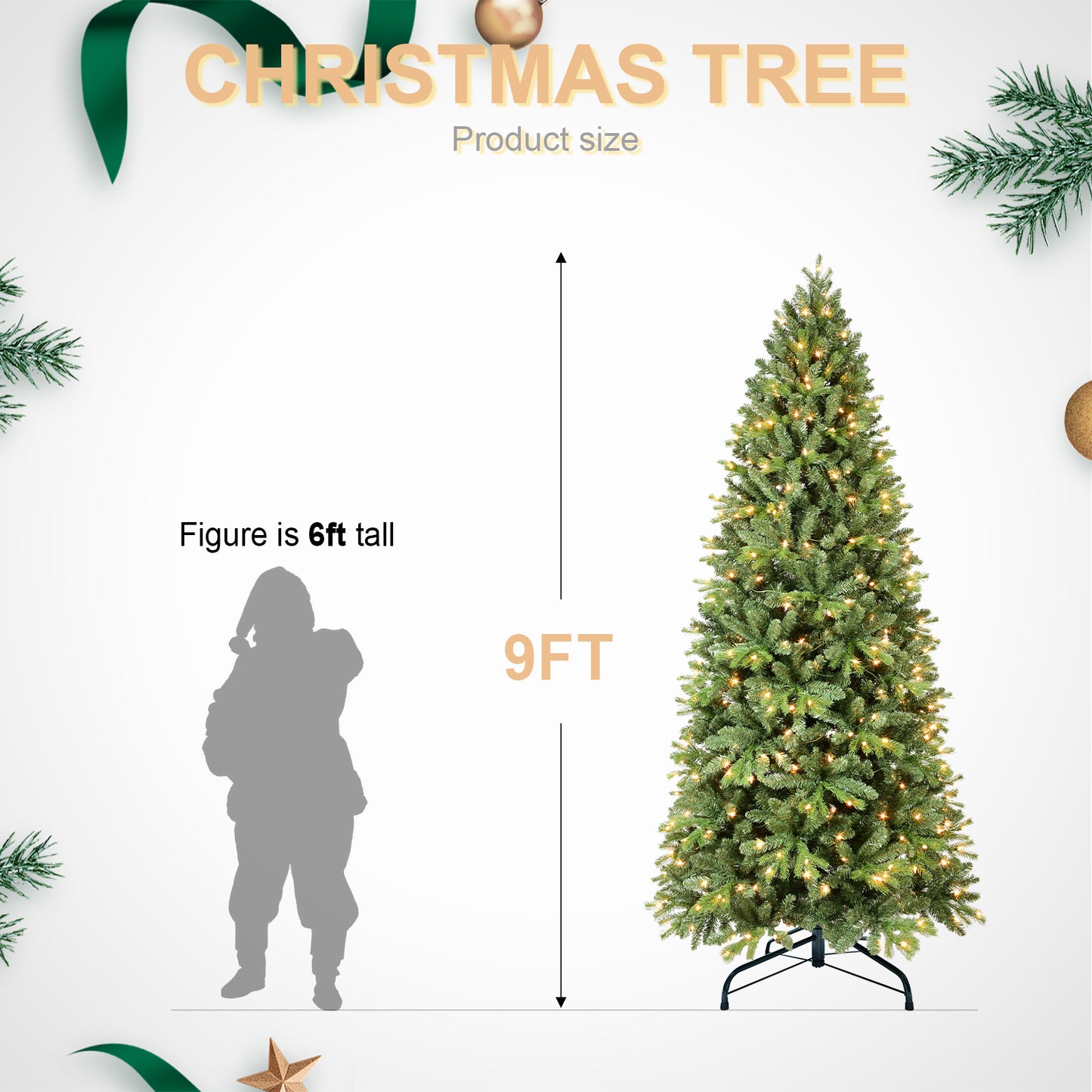 8FT Pre-Lit Slim Christmas Tree, Green, Fir Xmas 'Feel Real' Artificial Tree, White Lights, Metal Hinged, Foldable Base