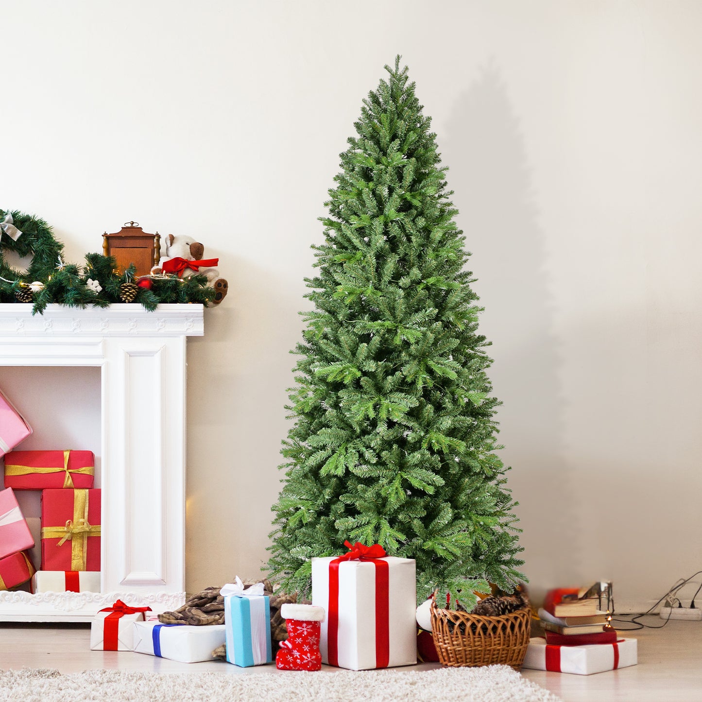 8FT Pre-Lit Slim Christmas Tree, Green, Fir Xmas 'Feel Real' Artificial Tree, White Lights, Metal Hinged, Foldable Base