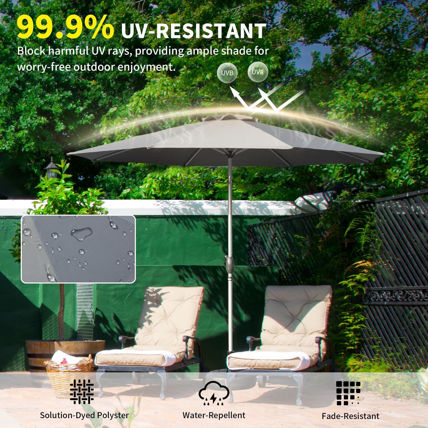 10FT Patio Umbrella, Outdoor Table Umbrella with Push Button Tilt and Crank, UV Protection Waterproof Market Sun Umbrella with 8 Sturdy Ribs for Garden, Deck, Backyard, Pool (Gray)