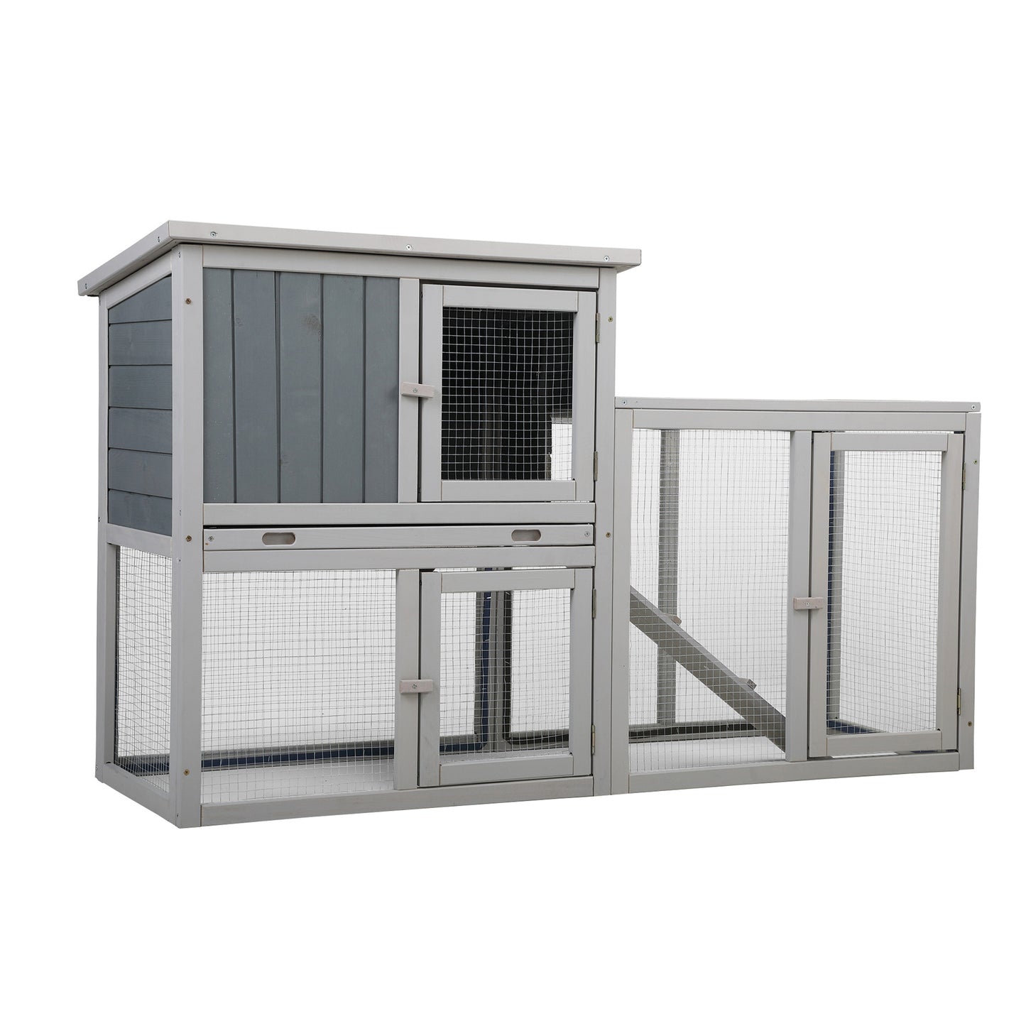 Wooden Rabbit Hutch Chicken Coop with 1 Removable Tray and 3 Lockable Doors for Indoor and Outdoor Use, Gray+White