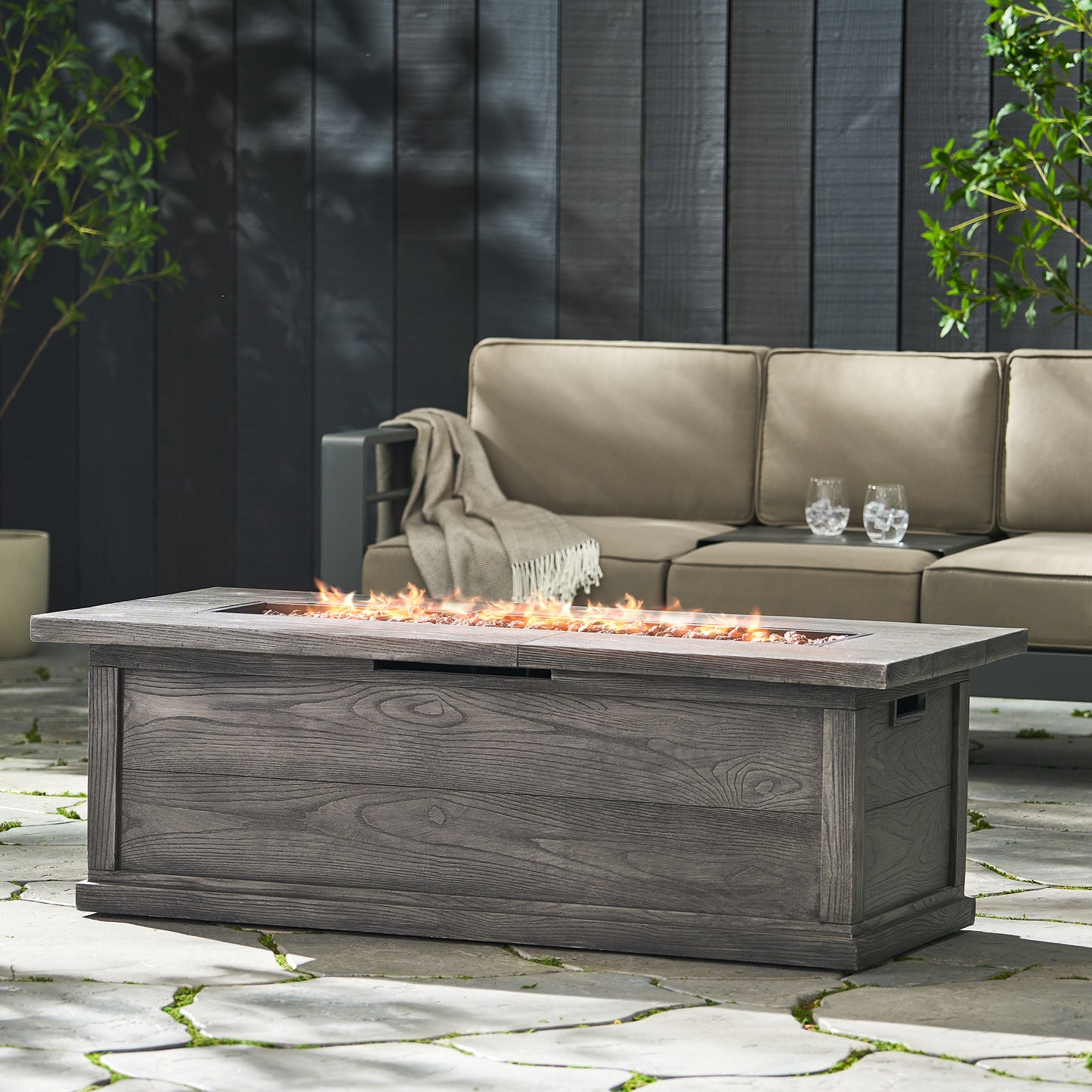 56" Outdoor 50,000 BTU Rectangular MgO Concrete Propane Fire Pit, Grey Wood Pattern (Tank Cover not Included)