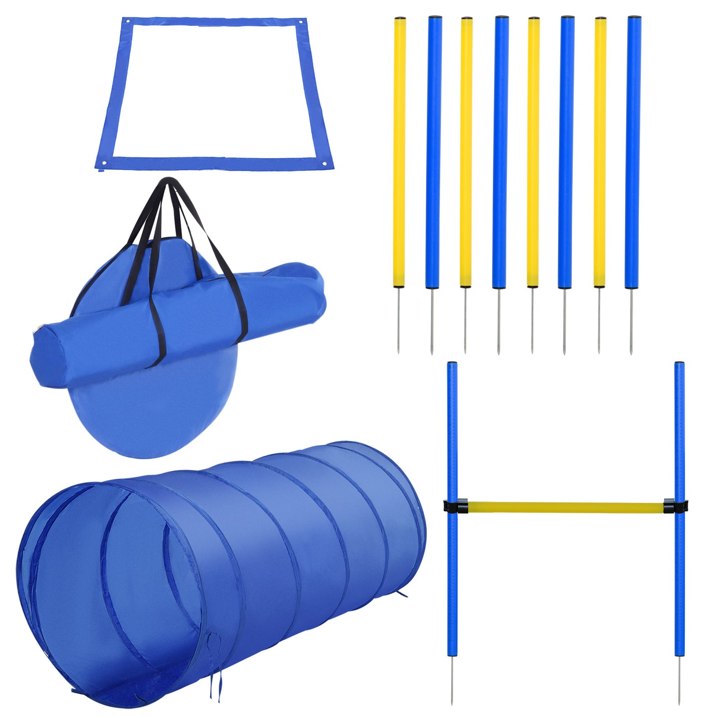 4PC Obstacle Dog Agility Training Course with Jump Hurdle, Tunnel, Pause Box, Weave Poles and Carrying Bag, Backyard Competitive Equipment- Blue/Yellow