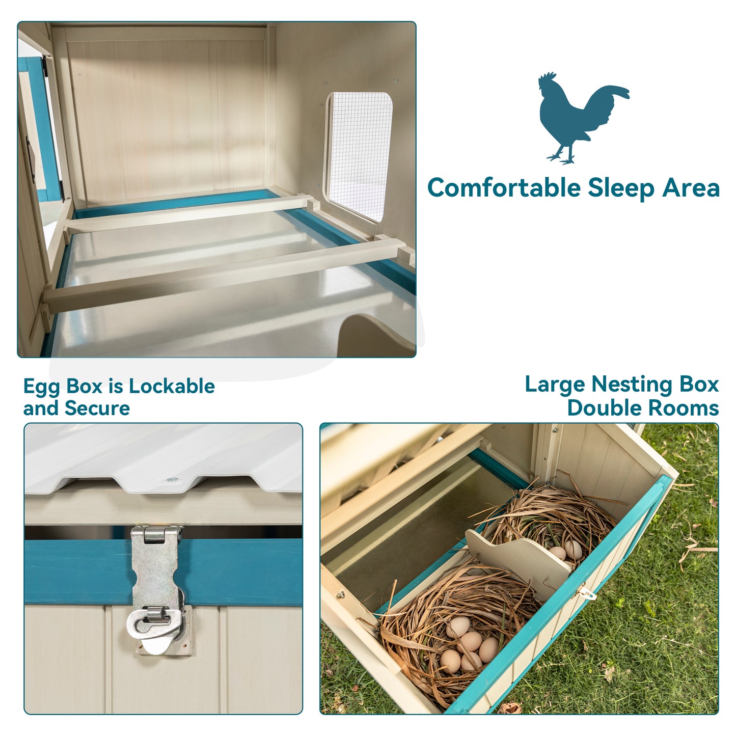 Weatherproof outdoor chicken coop with waterproof PVC roof. Outdoor chicken coop with removable bottom for easy cleaning.Large space Coop suitable for 6-8 chickens.