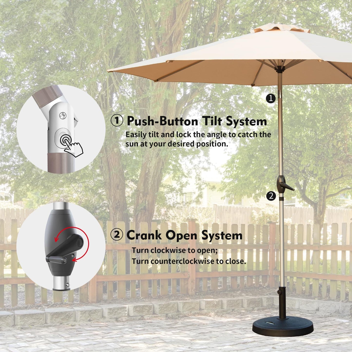 10FT Patio Umbrella, Outdoor Table Umbrella with Push Button Tilt and Crank, UV Protection Waterproof Market Sun Umbrella with 8 Sturdy Ribs for Garden, Deck, Backyard, Pool (Beige)