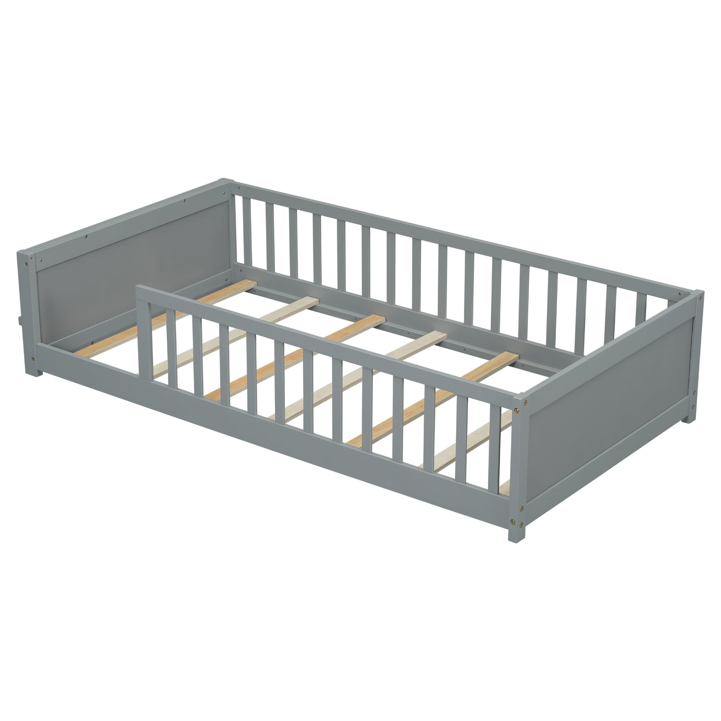 Twin size Floor Platform Bed with Built-in Book Storage Rack,Grey