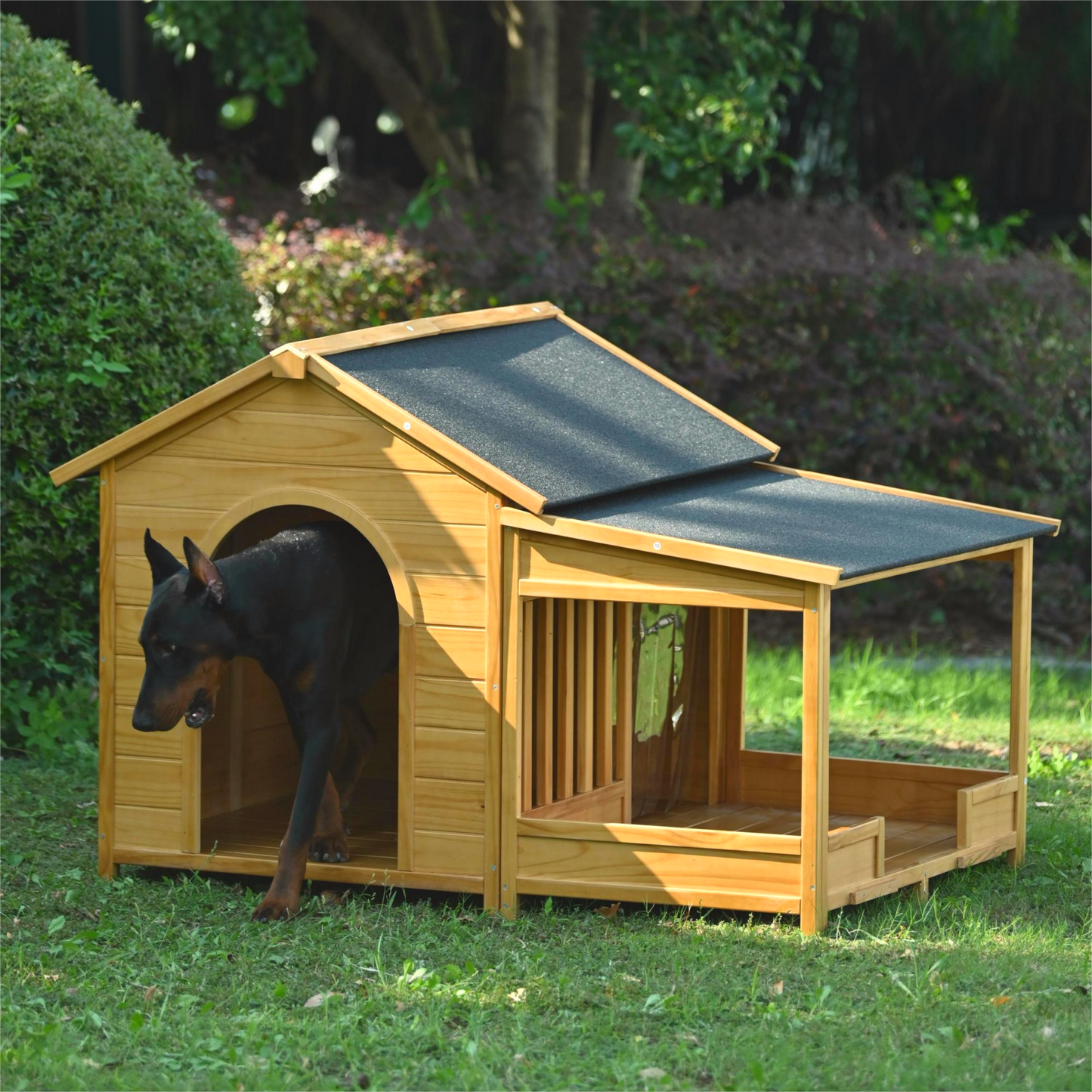 60.2" Large Wooden Dog House with Porch, Cabin Style Dog Crate with Asphalt Roof and Elevated Floor, Dog Kennel with Side Window and Doors, Perfect for Medium & Large Dogs, Nature