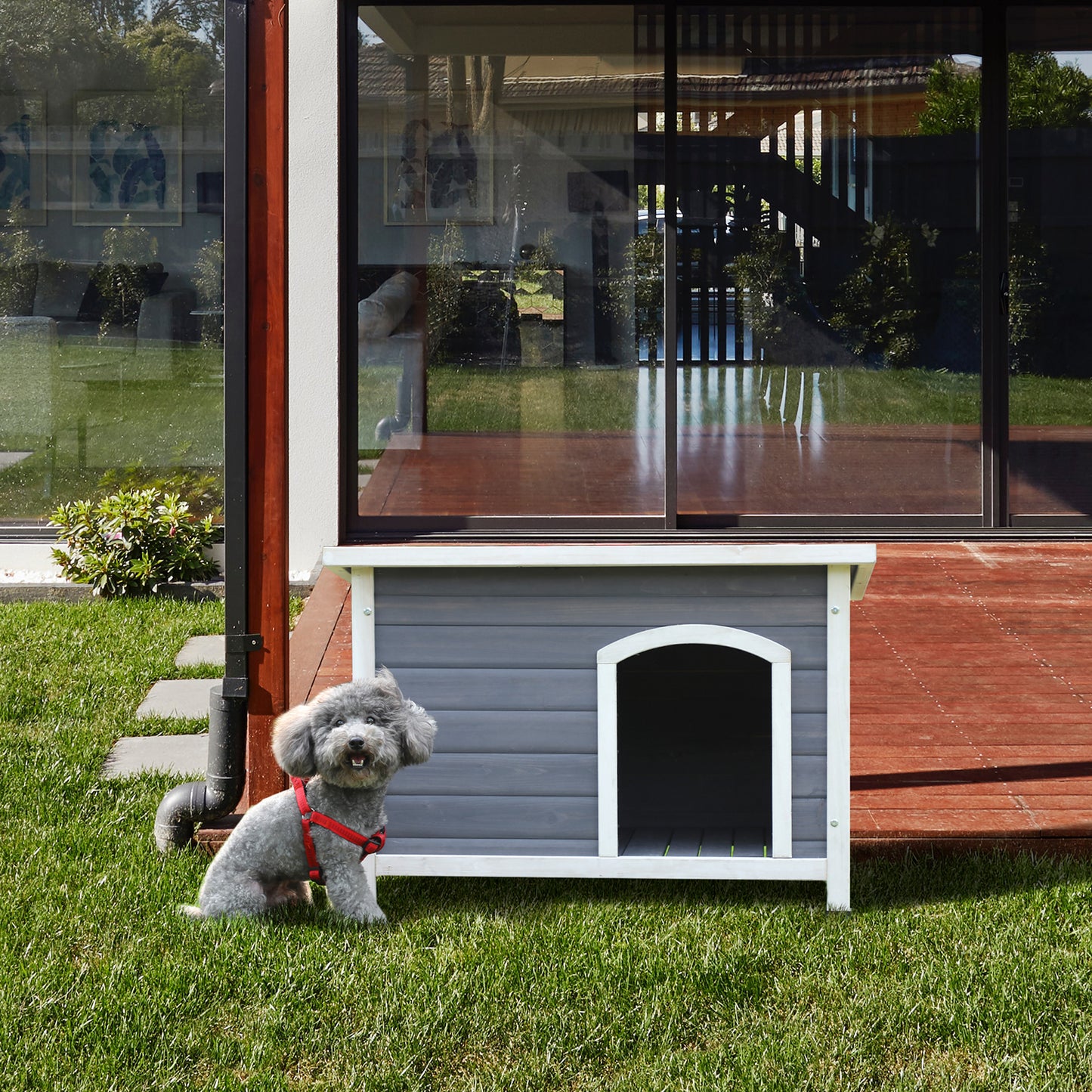 Small Wooden Outdoor Dog House, Waterproof Roof, Elevated Floor, Grey