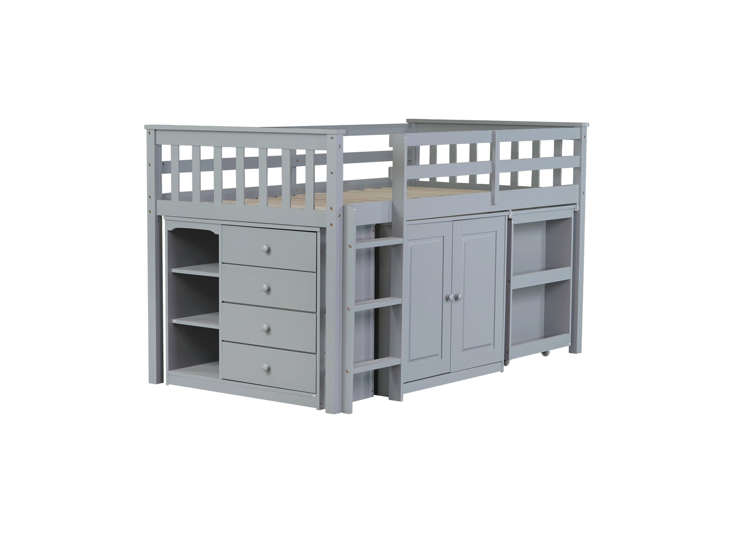 Twin Loft Bed with Storage Cabinet, Drawer and Shelf Cabinet and Pulling-Out Desk, Rubber Wood Loft Bed with Safety Guardrail, Ladder,Grey