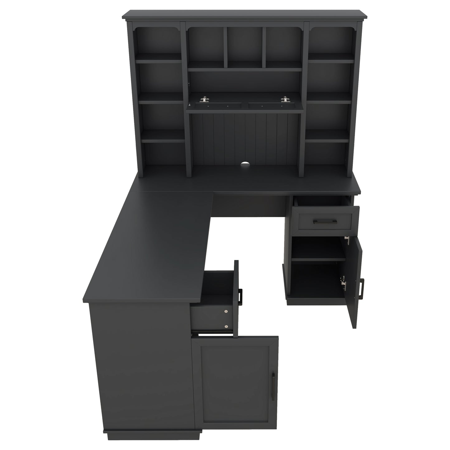 L-shaped computer desk with 2 cabinets and 2 drawers underneath the table, 11 open shelves and a flip-up shelf with storage on the right side, suitable for study, living room and office, Black