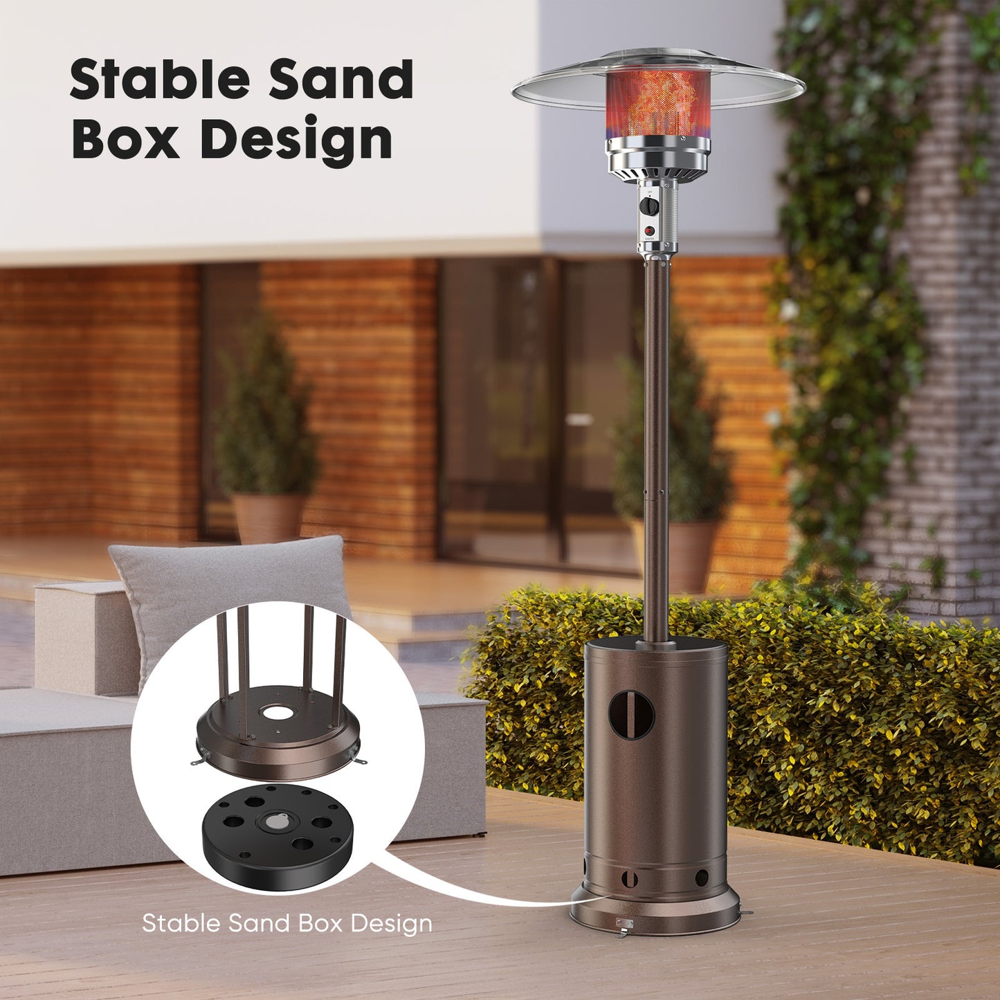 48,000 BTU Propane Patio Heater with Sand Box, Table, Double-Layer Stainless Steel Burner and Safety Protection System, Outdoor Heater with Wheels for Home&Commercial Use in Backyard, Garden