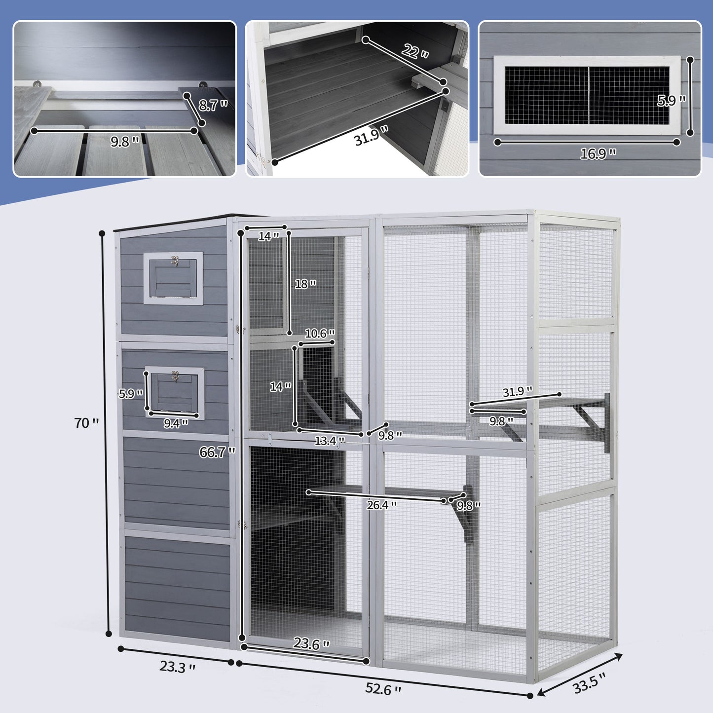 Large Wooden Cat Enclosure with Waterproof Roof and Platforms, Gray