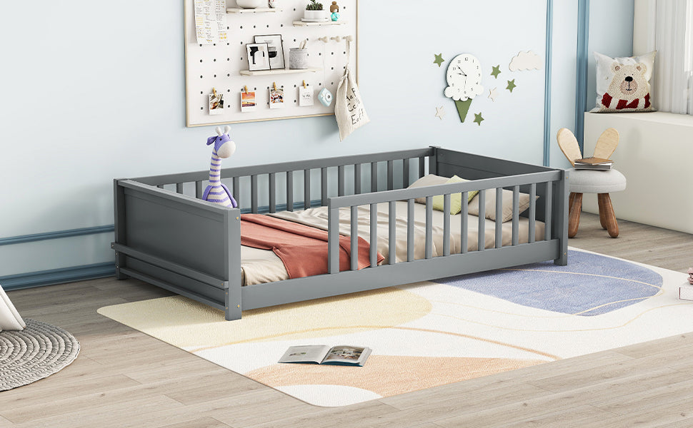 Twin size Floor Platform Bed with Built-in Book Storage Rack,Grey