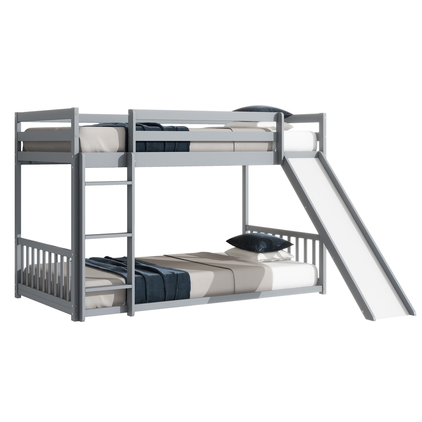 Twin Over Twin Floor Bunk Bed with Slide, Ladder, Door, Safety Guardrails, Solid Pine Wood Bunk Bed ,Grey