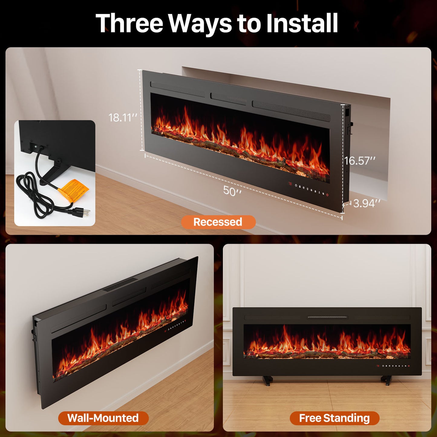 Electric Fireplace, 1500W/750W Wall Mount or Recessed Fireplace Insert and Freestanding, Electric Fireplace Heater with Remote Control,13 Adjustable Flame Color, 12H Timer, Touch Screen