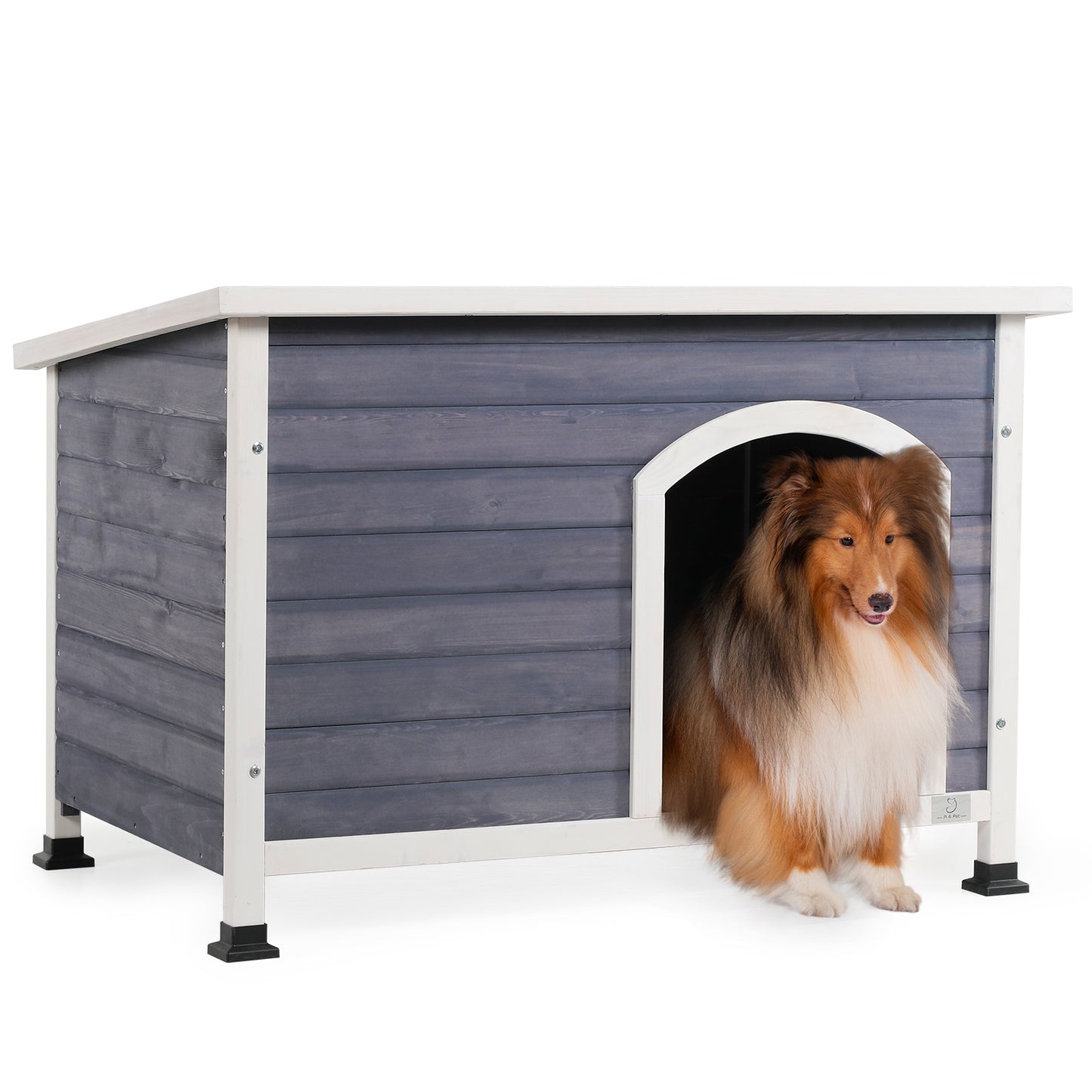 Medium Wooden Outdoor Dog House, Waterproof Roof, Elevated Floor, Grey